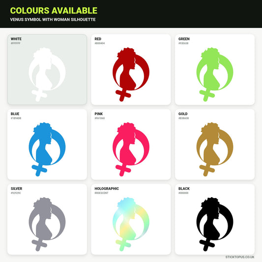 Vinyl colour options for Venus symbol with woman silhouette vinyl sticker