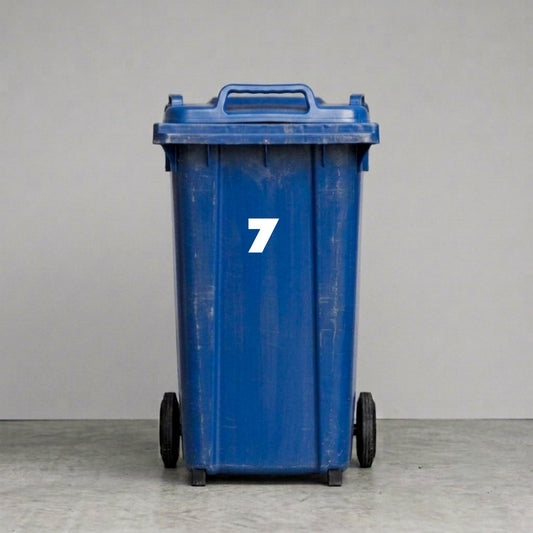 Wheelie Bin Number '7' Sticker – JACK Style – Pack of 4 – White vinyl house number on blue wheelie bin
