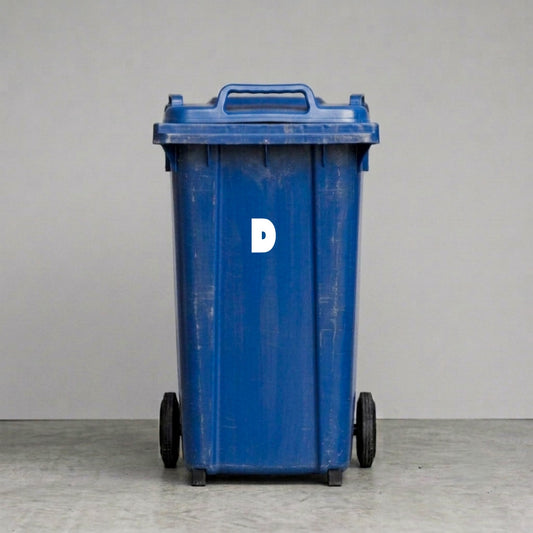 Wheelie Bin Letter 'D' Sticker – JACK Style – Pack of 4 – White vinyl house number on blue wheelie bin