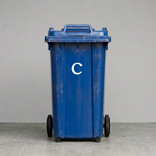 Wheelie Bin Letter 'C' Sticker – SHOWMAN Style – Pack of 4 – White vinyl house number on blue wheelie bin