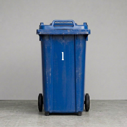 Wheelie Bin Number '1' Sticker – VINTAGE Style – Pack of 4 – White vinyl house number on blue wheelie bin