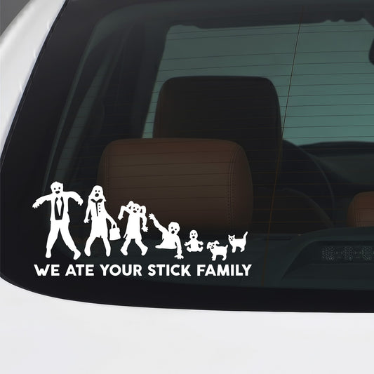 White We Ate Your Stick Family vinyl sticker applied to a car window.