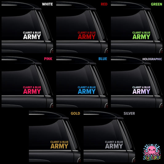 Collection of car window stickers with 'Claret & Blue Army' text in various colors on a black background.