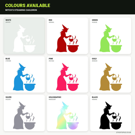 Vinyl colour options for a witch stirring a steaming cauldron vinyl sticker
