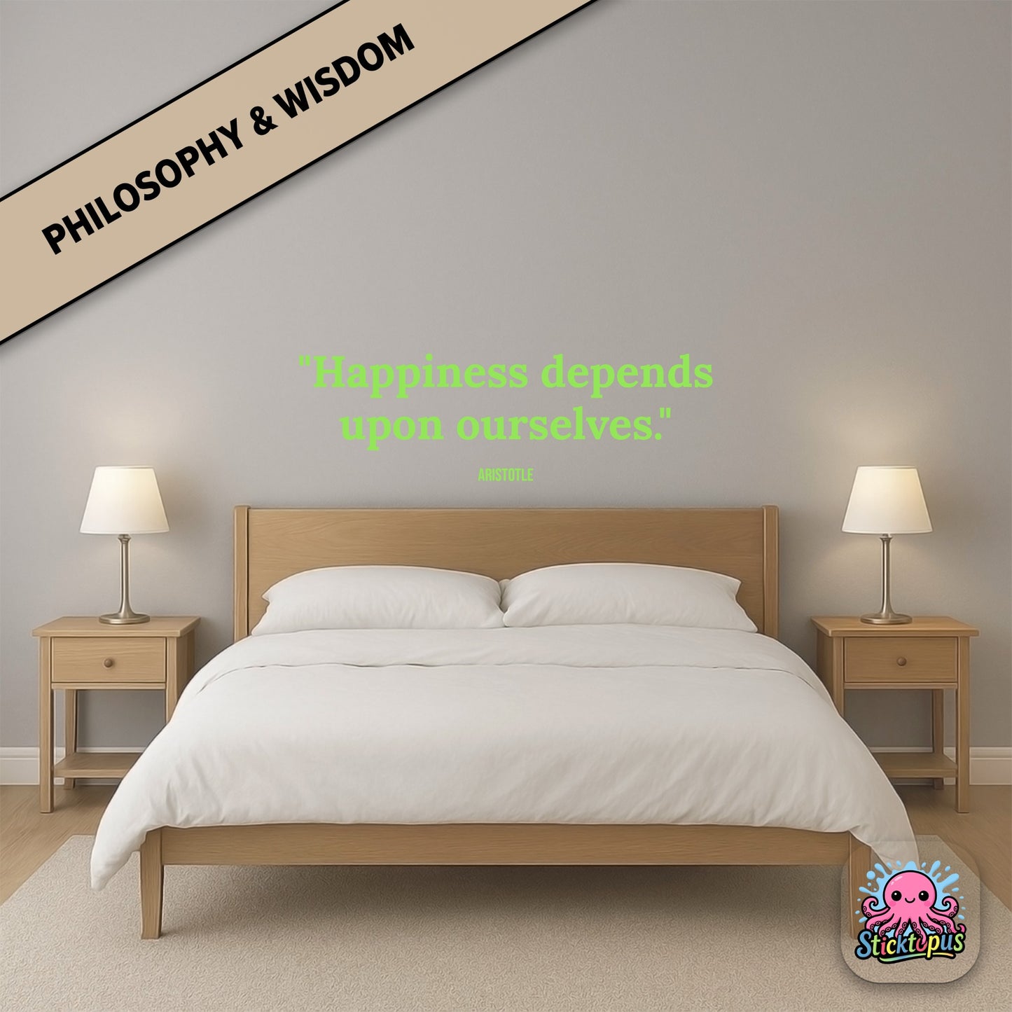 Inspirational sticker with Aristotle quote: “Happiness depends upon ourselves”