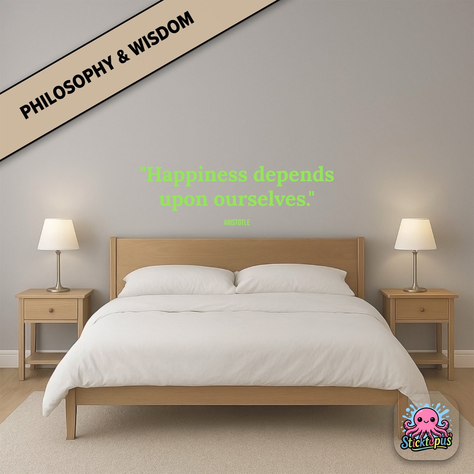 Inspirational sticker with Aristotle quote: “Happiness depends upon ourselves”