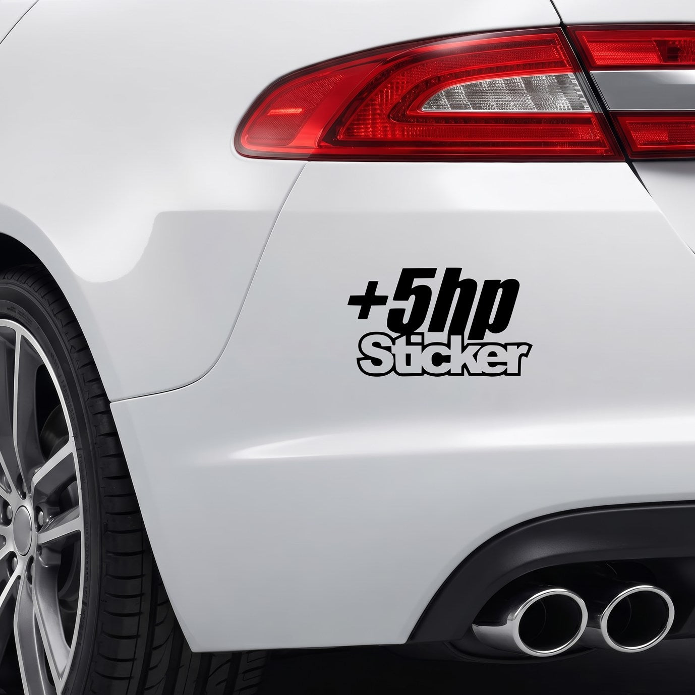 Black +5hp vinyl sticker applied to a car bumper.