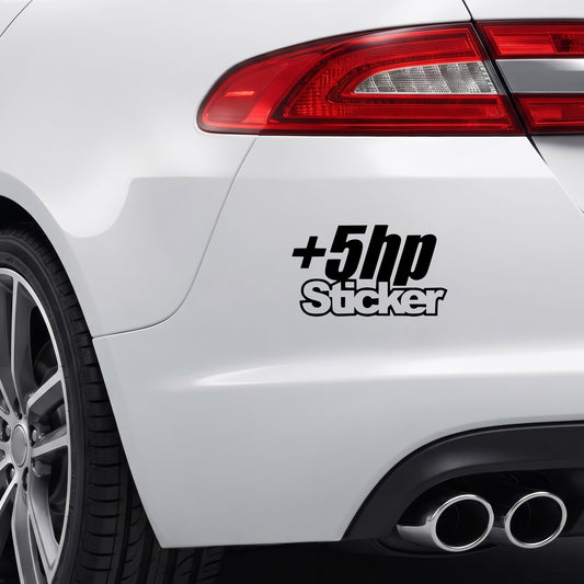 Black +5hp vinyl sticker applied to a car bumper.