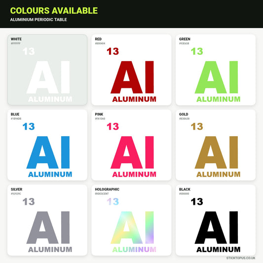 Vinyl colour options for Aluminium Periodic Table vinyl sticker