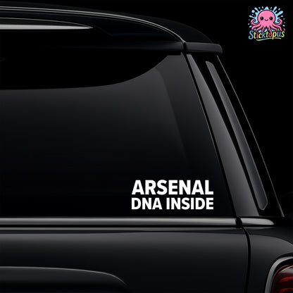 Car window with 'Arsenal DNA Inside' decal and Sticktopus logo.