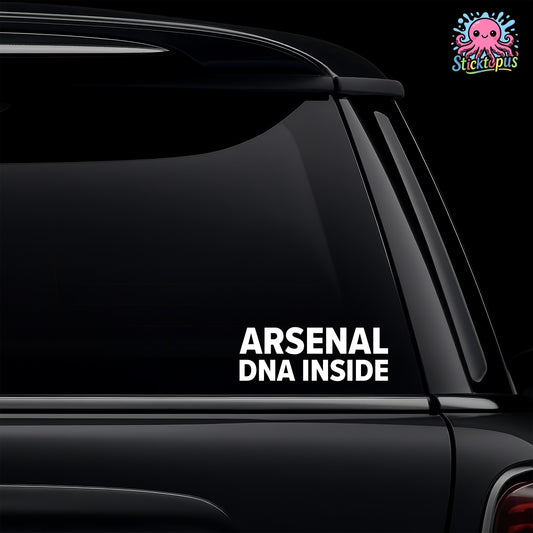 Car window with 'Arsenal DNA Inside' decal and Sticktopus logo.