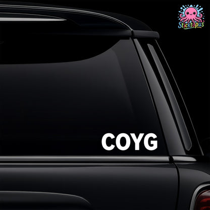 Car window with 'COYG' decal and Sticktopus logo in the corner