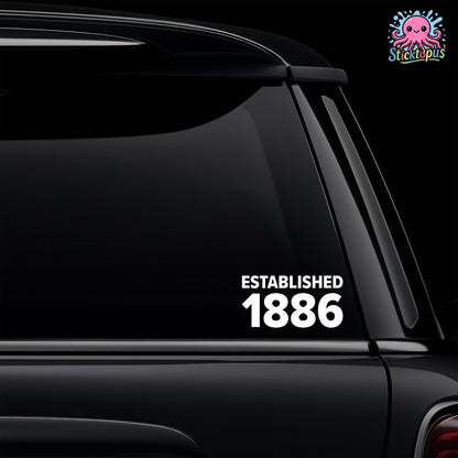 Car window with 'Established 1886' decal and Sticktopus logo.