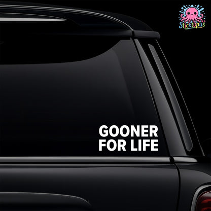 Car window with 'Gooner for Life' decal and Sticktopus logo.