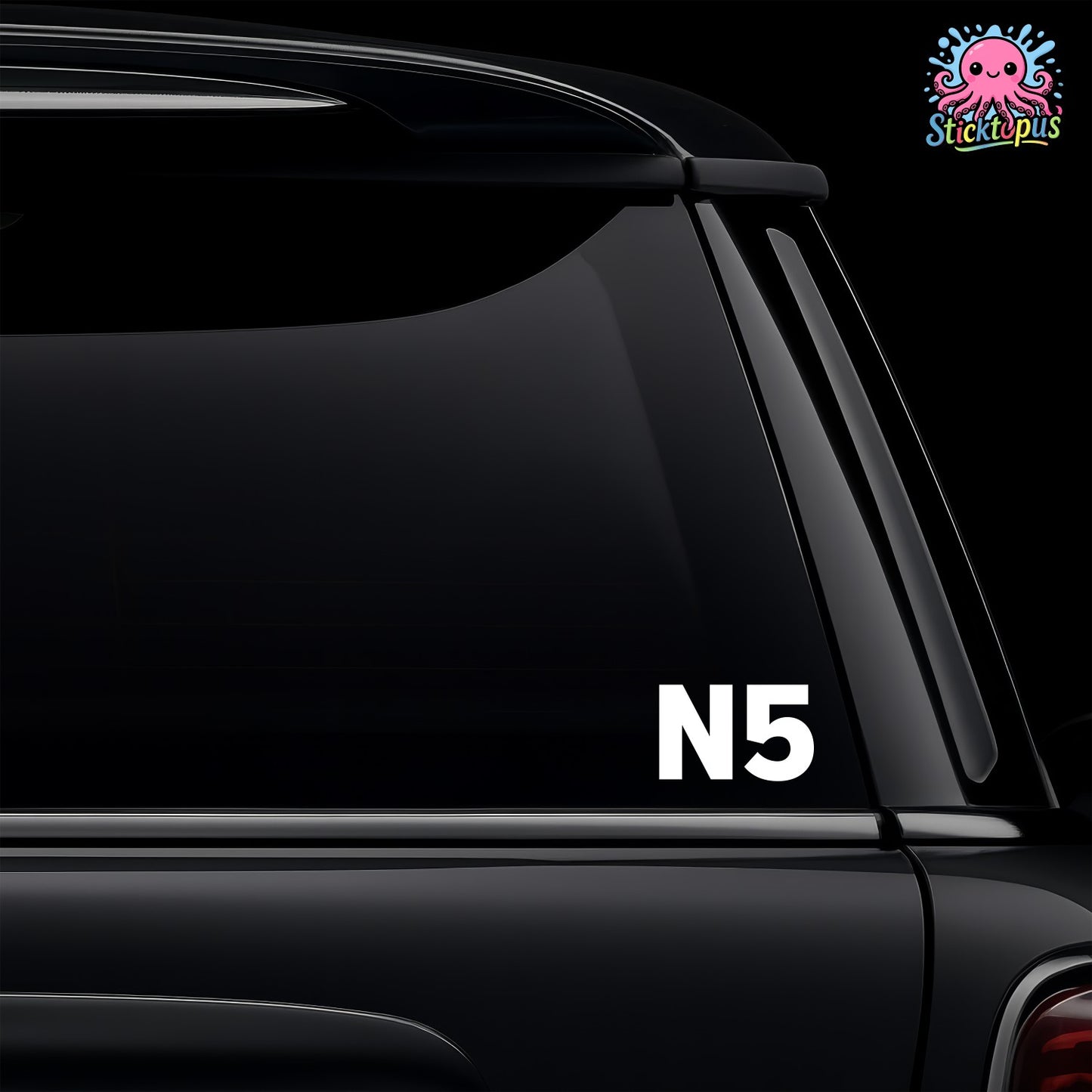 Car window with 'N5' decal and Sticktopus logo in the corner