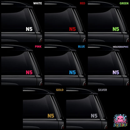 Collection of black car windows with 'N5' decal in various colors on a black background.