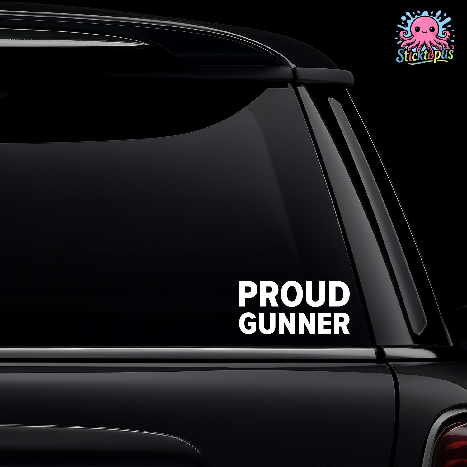 Black car with 'PROUD GUNNER' decal and Sticktopus logo.