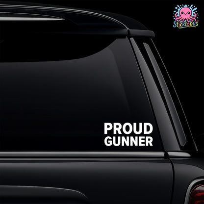 Black car with 'PROUD GUNNER' decal and Sticktopus logo.