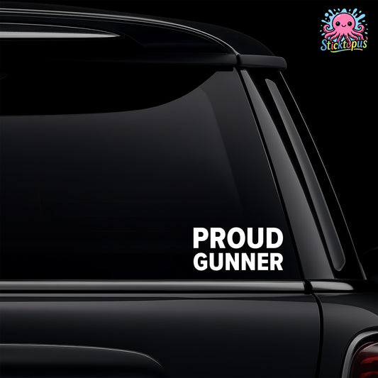 Black car with 'PROUD GUNNER' decal and Sticktopus logo.