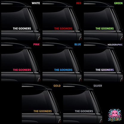 Collection of black car windows with 'THE GOONERS' text in various colors and finishes.