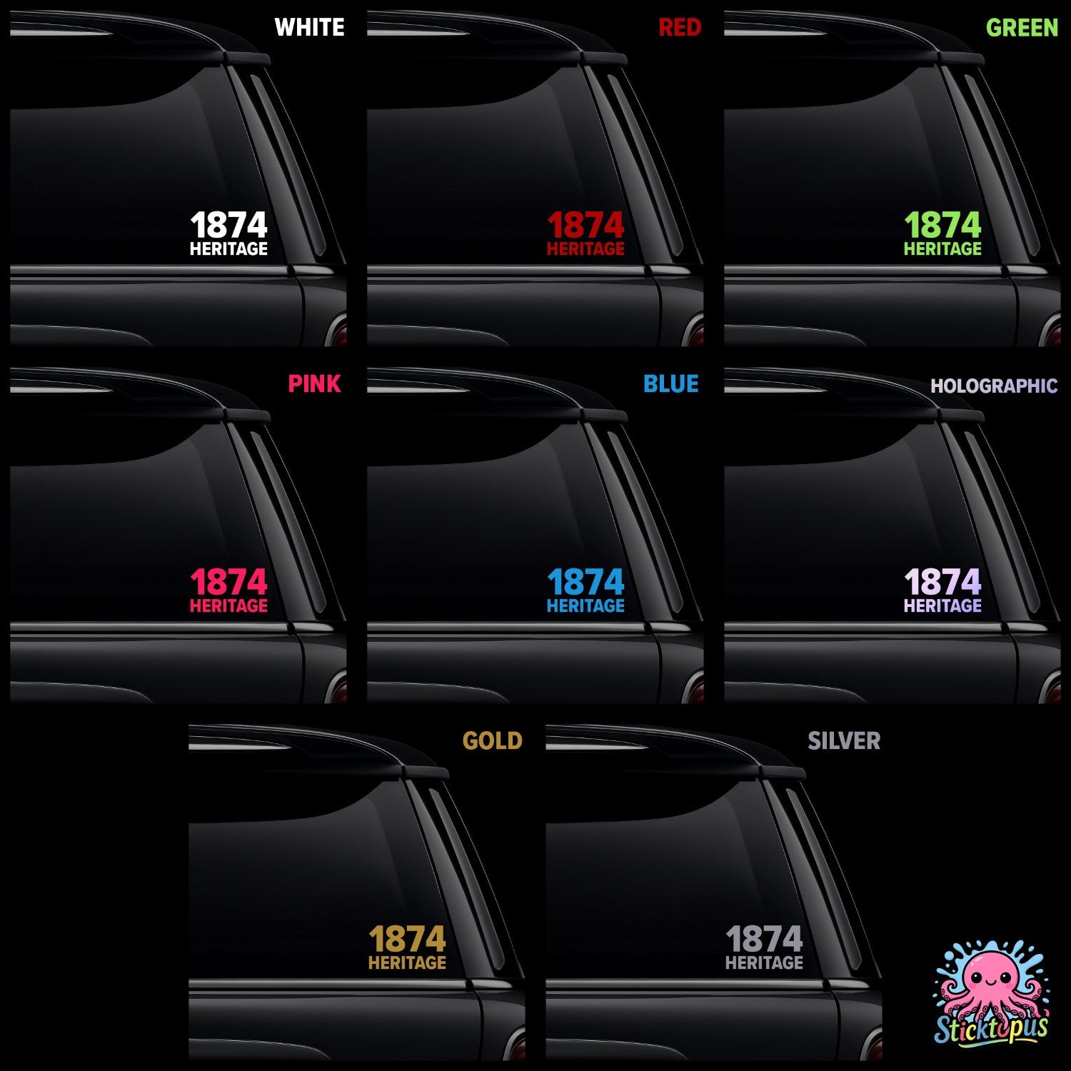 Collection of car window decals with '1874 Heritage' text in various colors on a black background.