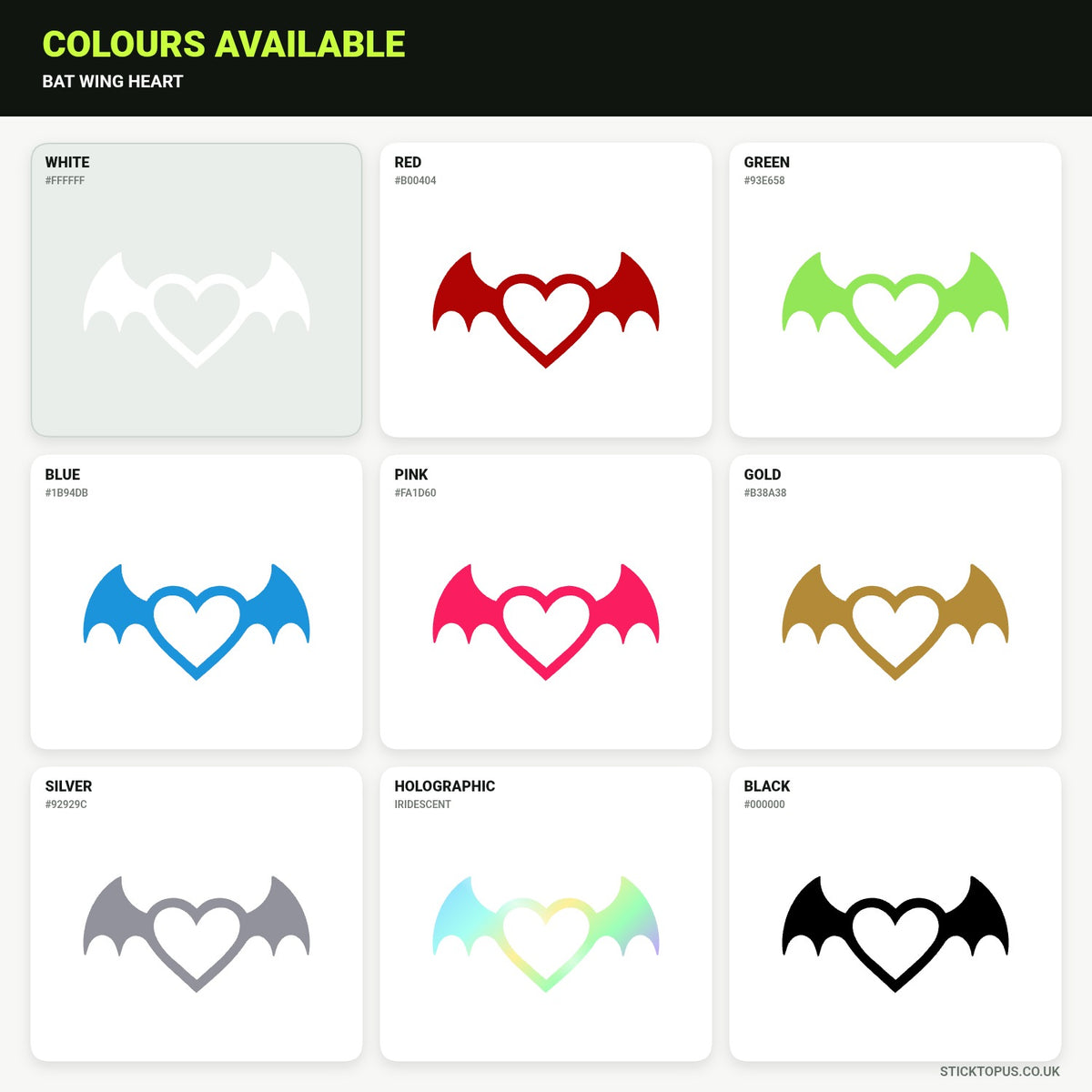 Vinyl colour options for bat wing heart vinyl sticker
