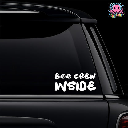 Car window with 'BOO CREW INSIDE' decal and Sticktopus logo.