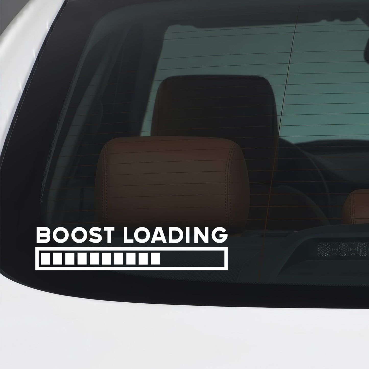 White Boost Loading sticker applied to a car window.