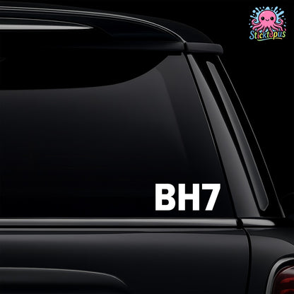 Car window with 'BH7' decal and Sticktopus logo in the corner