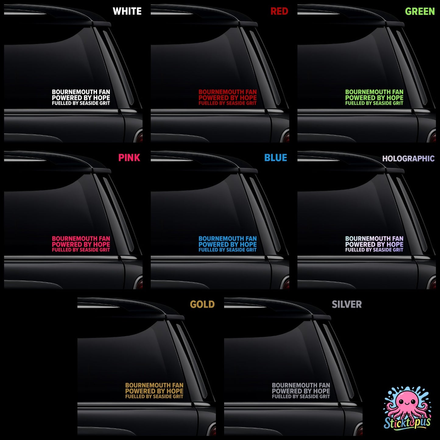 Collection of car window stickers with different color options on a black background.