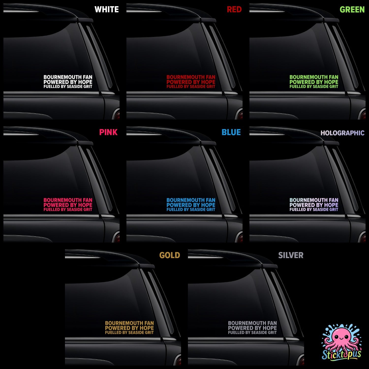 Collection of car window stickers with different color options on a black background.