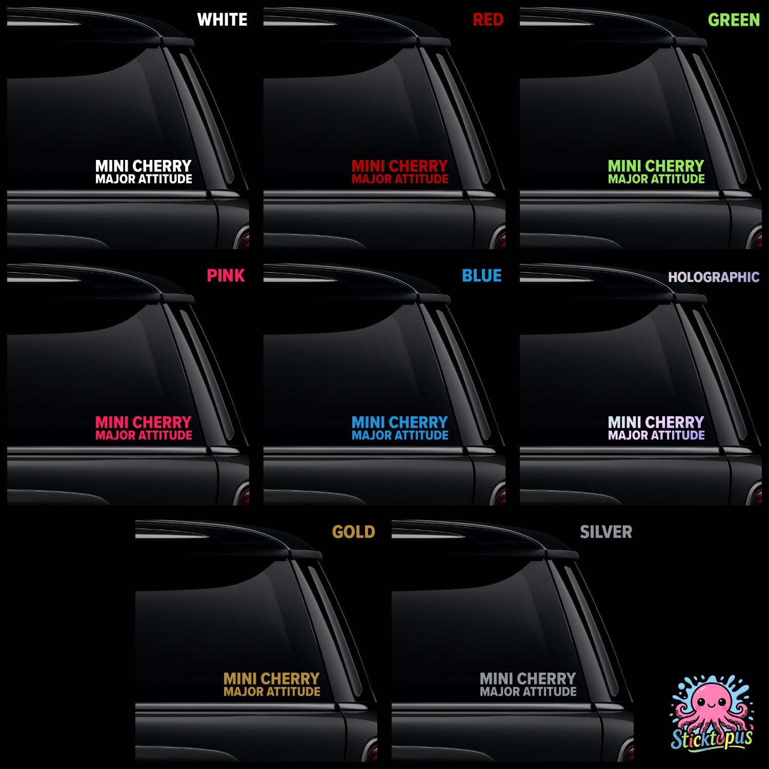 Collection of car window stickers with different colors and text on a black background