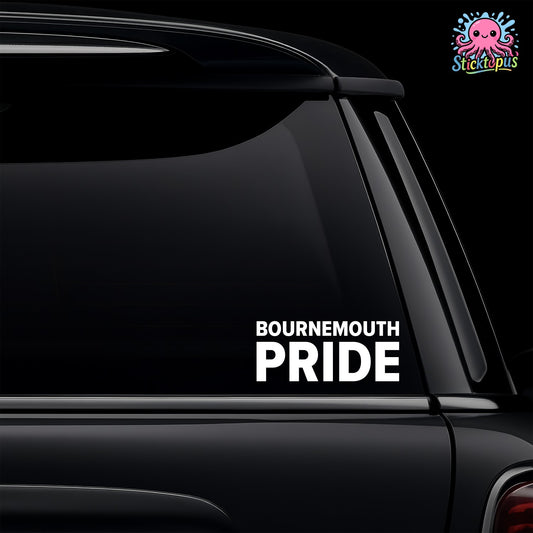 Car window with 'Bournemouth Pride' decal and Sticktopus logo.