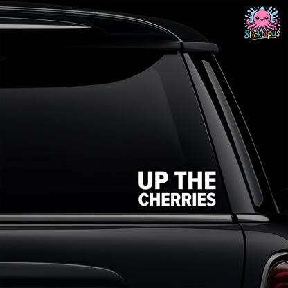 Black car with 'UP THE CHERRIES' decal and Sticktopus logo.