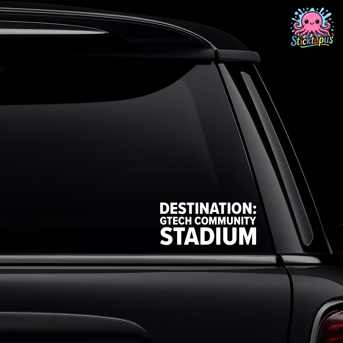 White vinyl car window decal featuring the Destination Gtech Community Stadium design for Brentford fans.