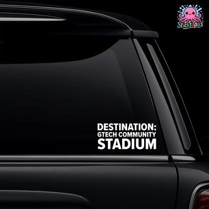 White vinyl car window decal featuring the Destination Gtech Community Stadium design for Brentford fans.