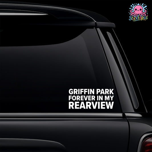 White vinyl car window decal featuring the Griffin Park Forever In My Rearview design for Brentford fans.