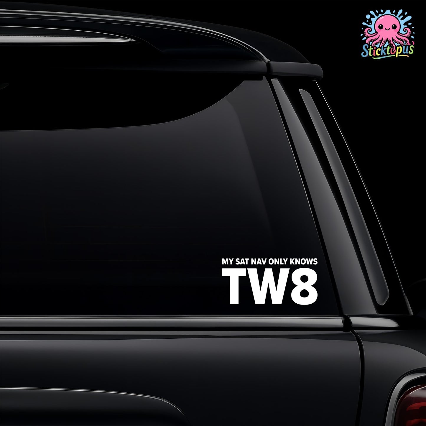 White vinyl car window sticker with the text My Sat Nav Only Knows TW8 for Brentford fans.