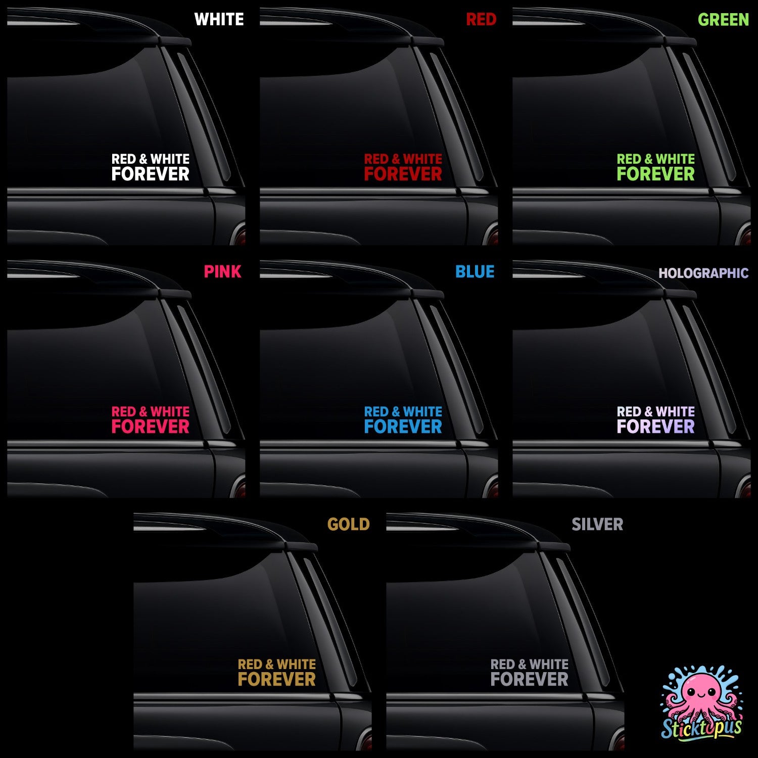 Collection of black cars with 'Red & White Forever' decals in various colors on a black background.