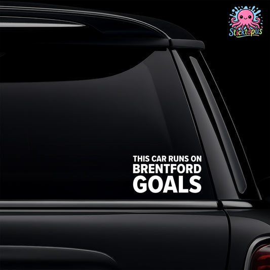 White vinyl car window sticker featuring the text This Car Runs On Brentford Goals for Brentford fans.
