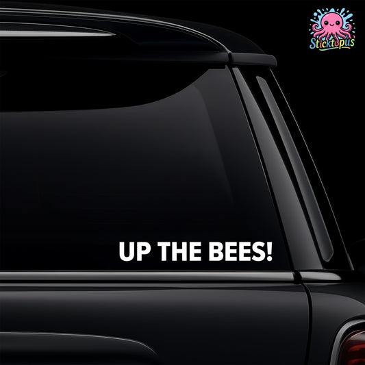 White vinyl car window decal featuring the Up The Bees slogan for Brentford fans.