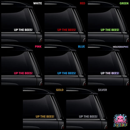 A collection of vinyl car window stickers in various colors for Brentford fans featuring the Up the Bees slogan.
