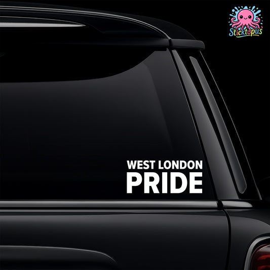 Black car with 'West London Pride' decal and Sticktopus logo.