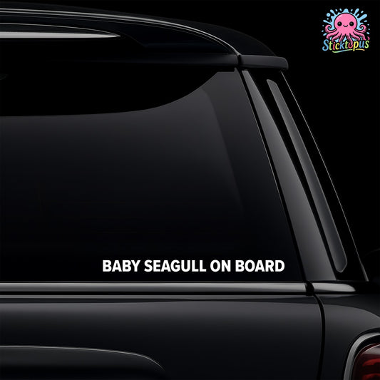 Car window with 'BABY SEAGULL ON BOARD' decal and Sticktopus logo.