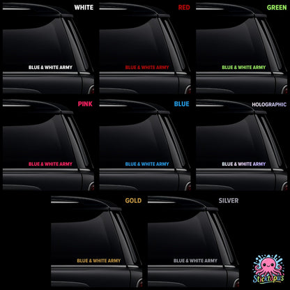 Collection of 'Blue and White Army' car stickers in various colors.