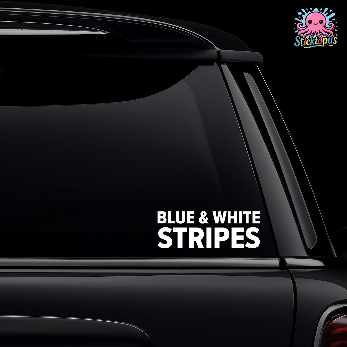 Black car with 'Blue & White Stripes' decal on a dark background