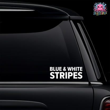 Black car with 'Blue & White Stripes' decal on a dark background