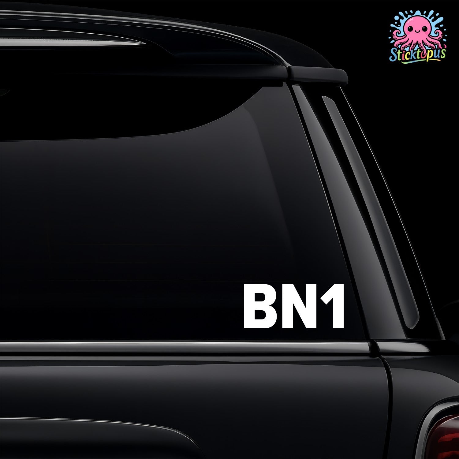 Car window with 'BN1' decal and Sticktopus logo.