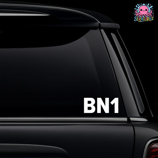 Car window with 'BN1' decal and Sticktopus logo.