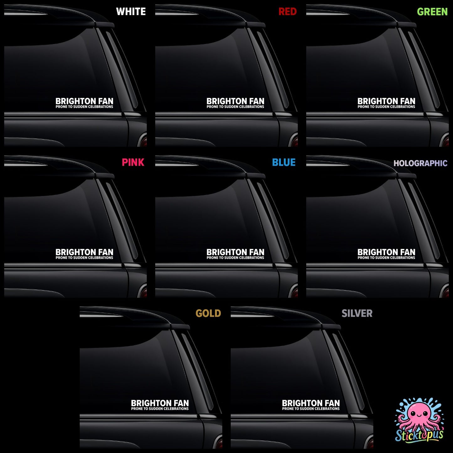 Car window sticker with 'Brighton Fan Prone to Sudden Celebrations' text in various colors on a black background.